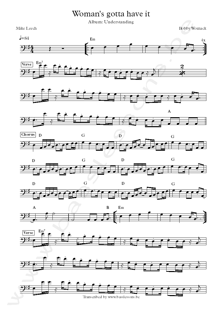 Bobby womack womans gotta have it Mike leech bass transcription