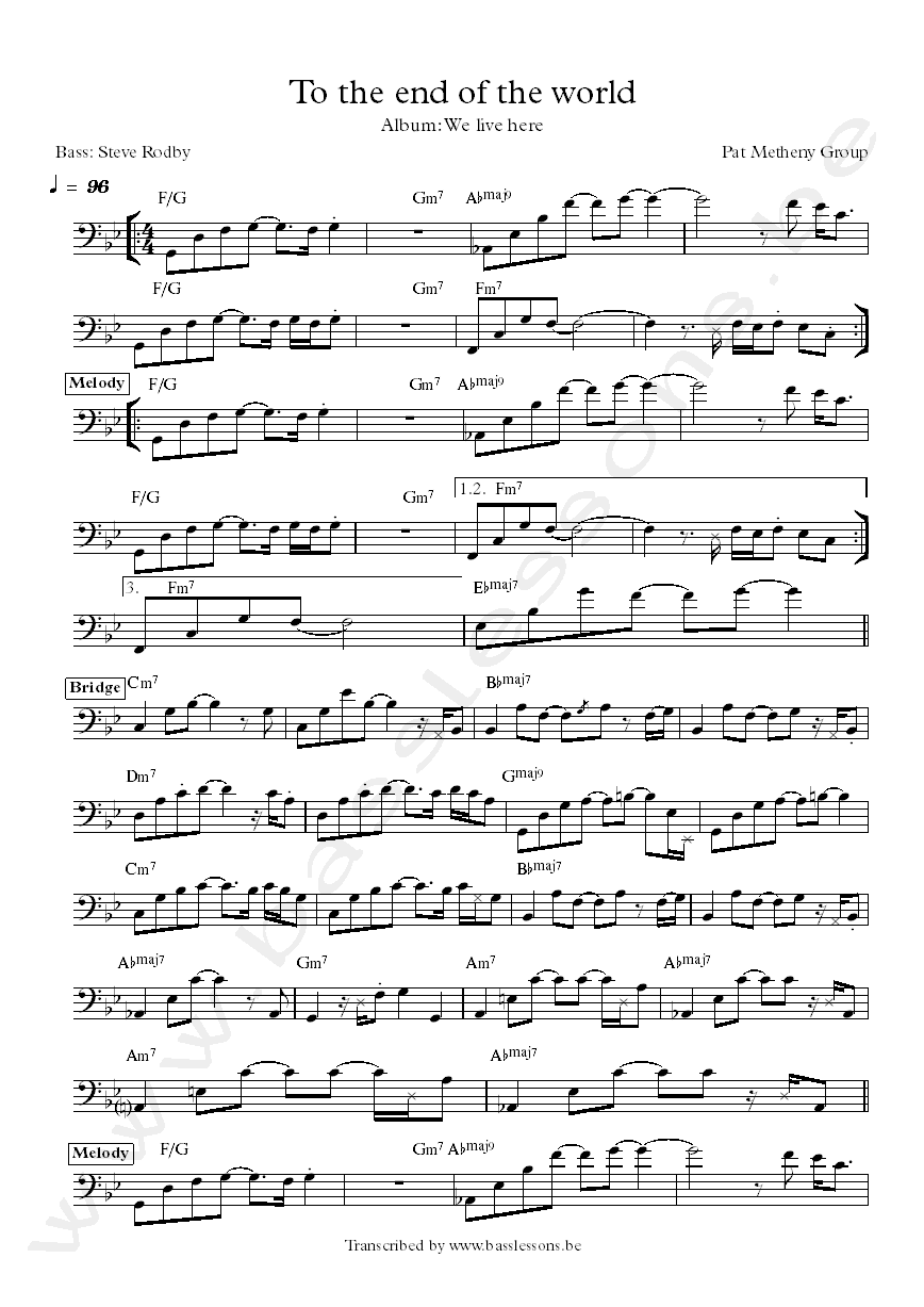 Pat metheny to the end of the world bass transcription