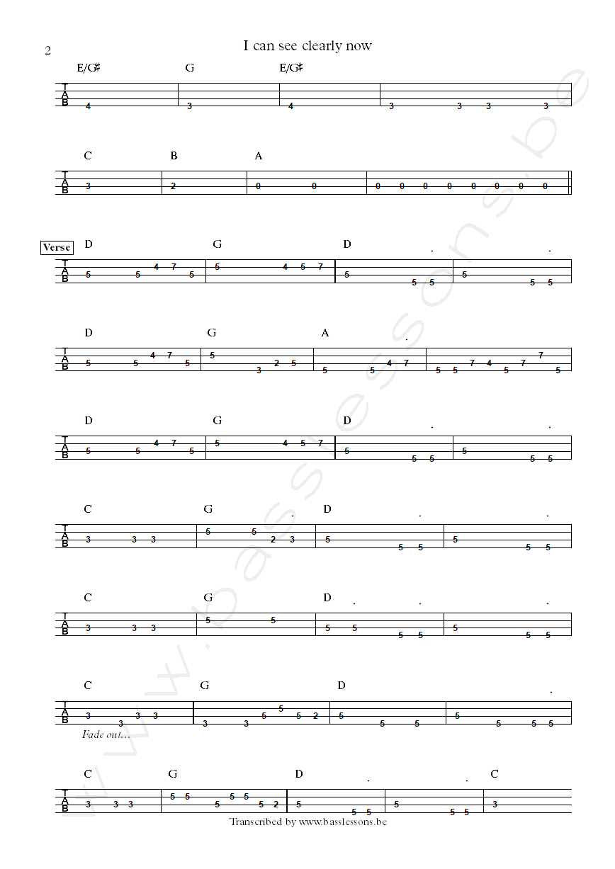 Johnny nash i can see clearly now bass tab part 2