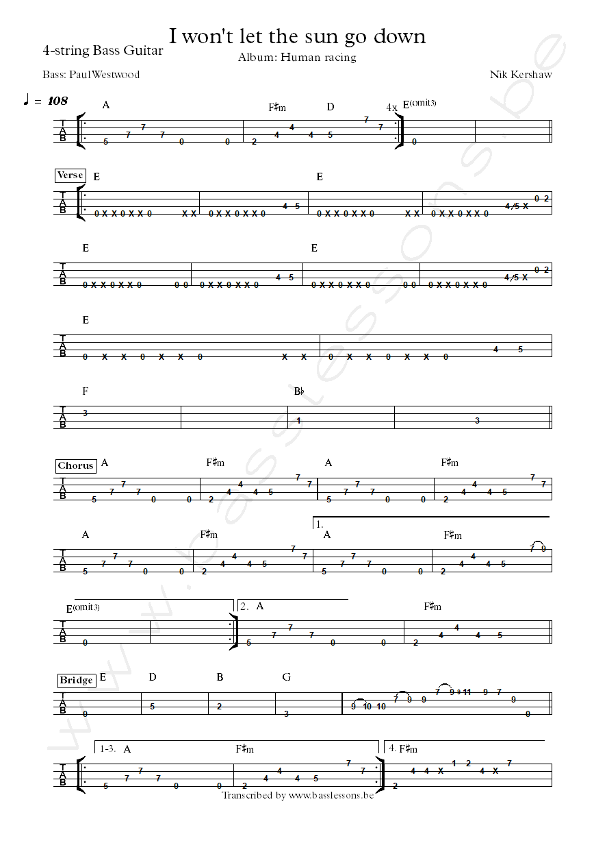 Nik Kershaw I Won't Let the Sun Go Down on Me bass tab