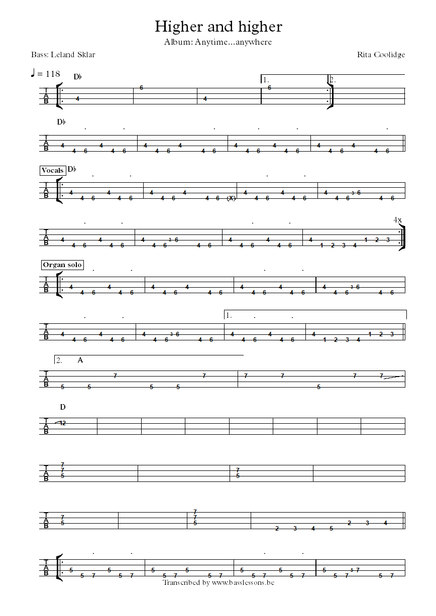 rita coolidge higher and higher leland sklar bass tab