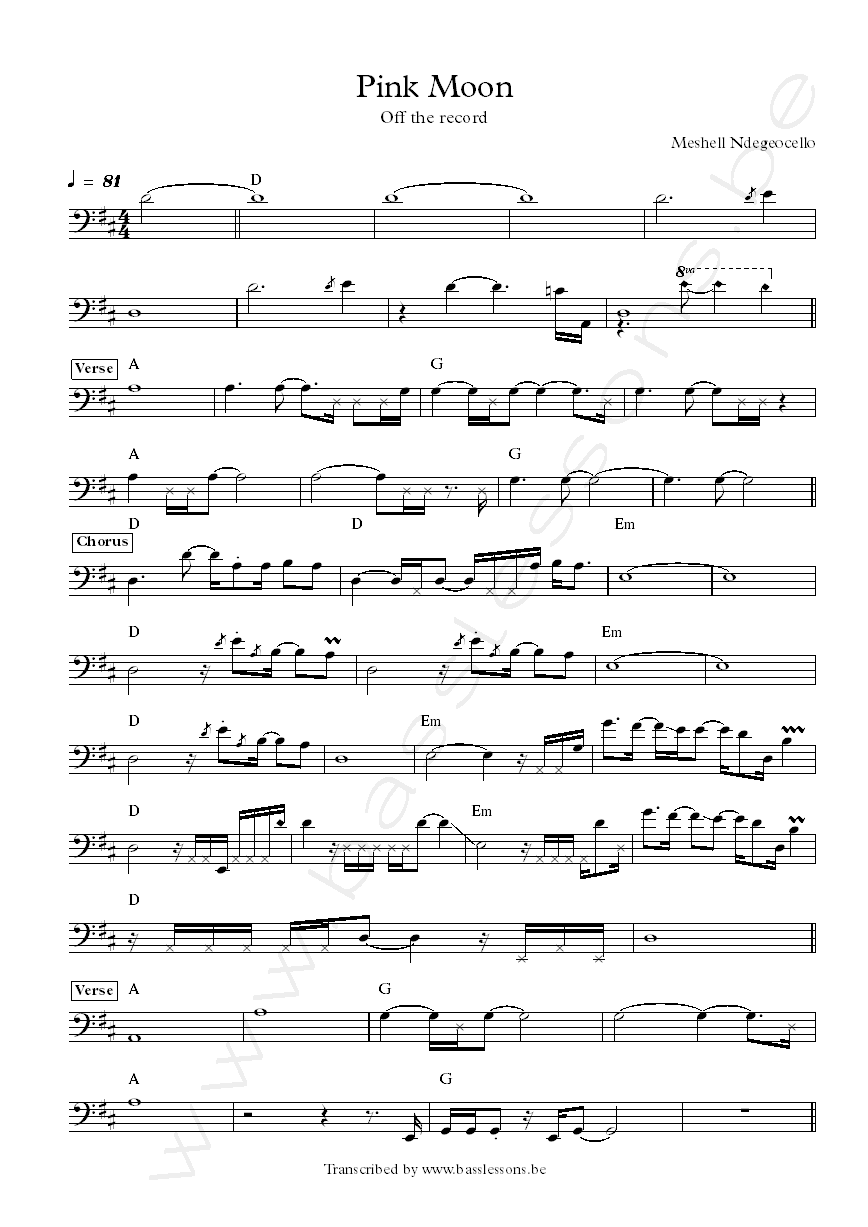 Meshell Ndegeocello pink moon bass transcription