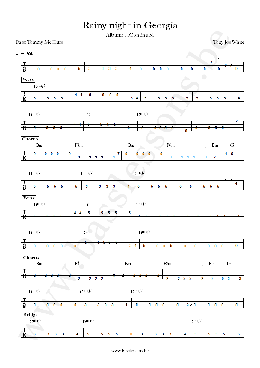 Tony Joe White Rainy night in Georgia bass tab
