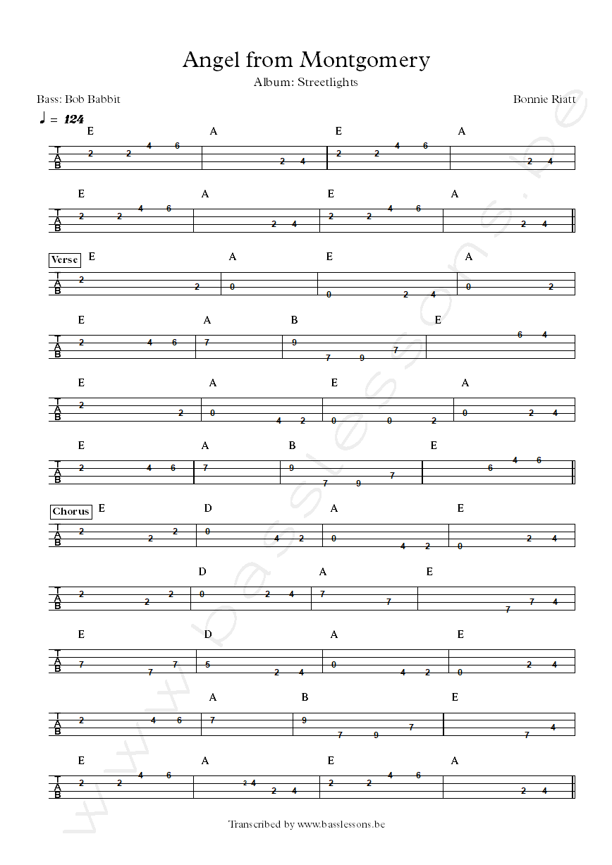 Bonnie Riatt Angel from Montgomery Bob Babbit bass tab