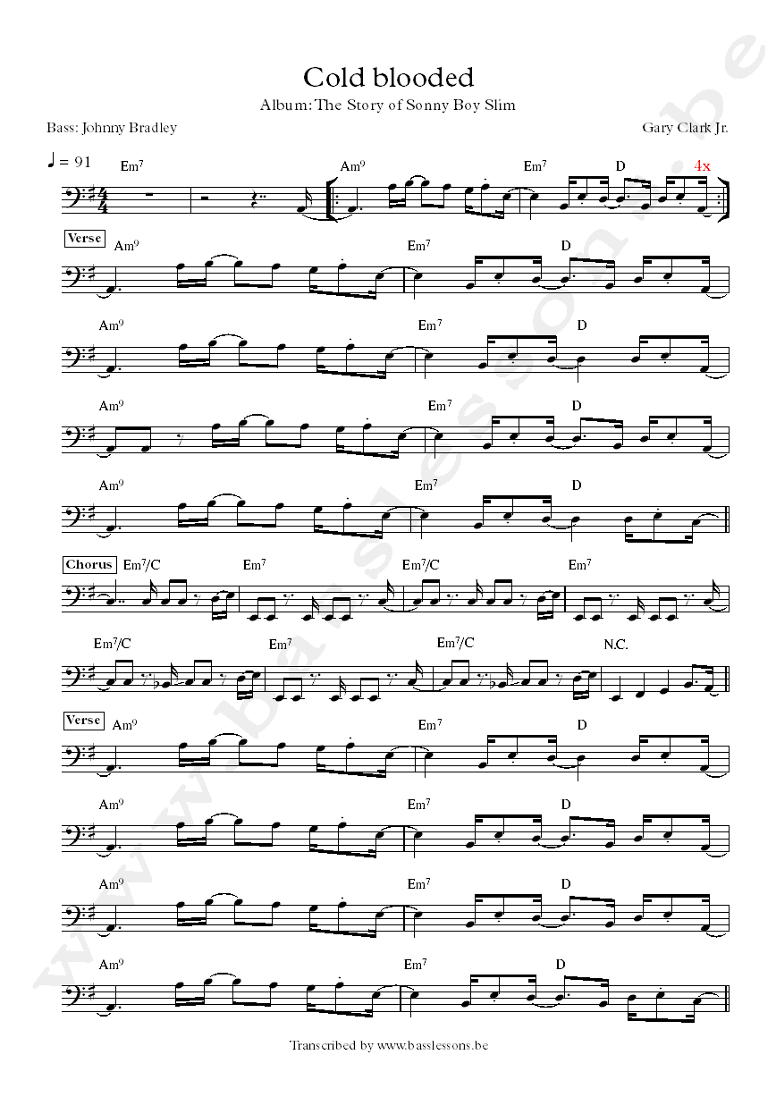 Gary Clark Johnny Bradley bass transcription Cold blooded