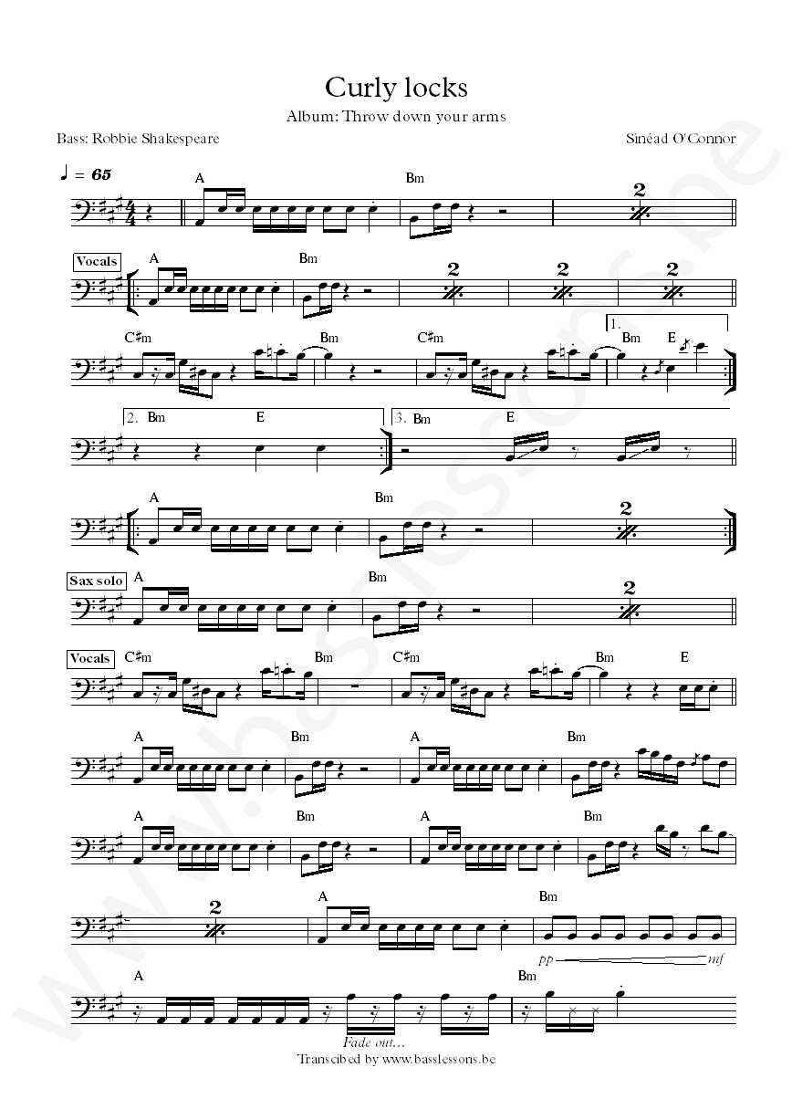 Sinead OConnor curly locks robbie shakespeare bass transcription
