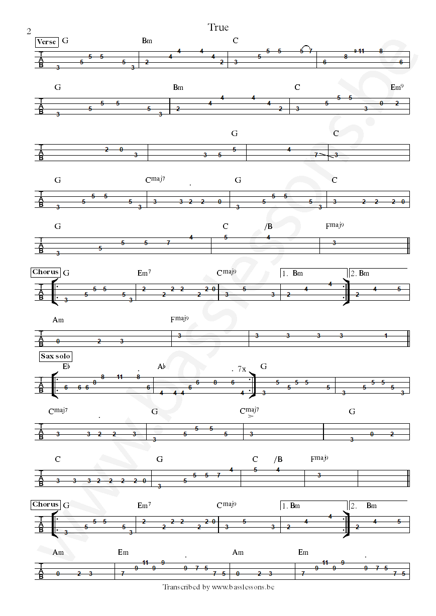 Spandau ballet true bass tab part 2