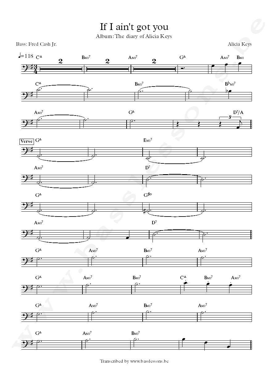 Alicia Keys If I aint got you bass transcription