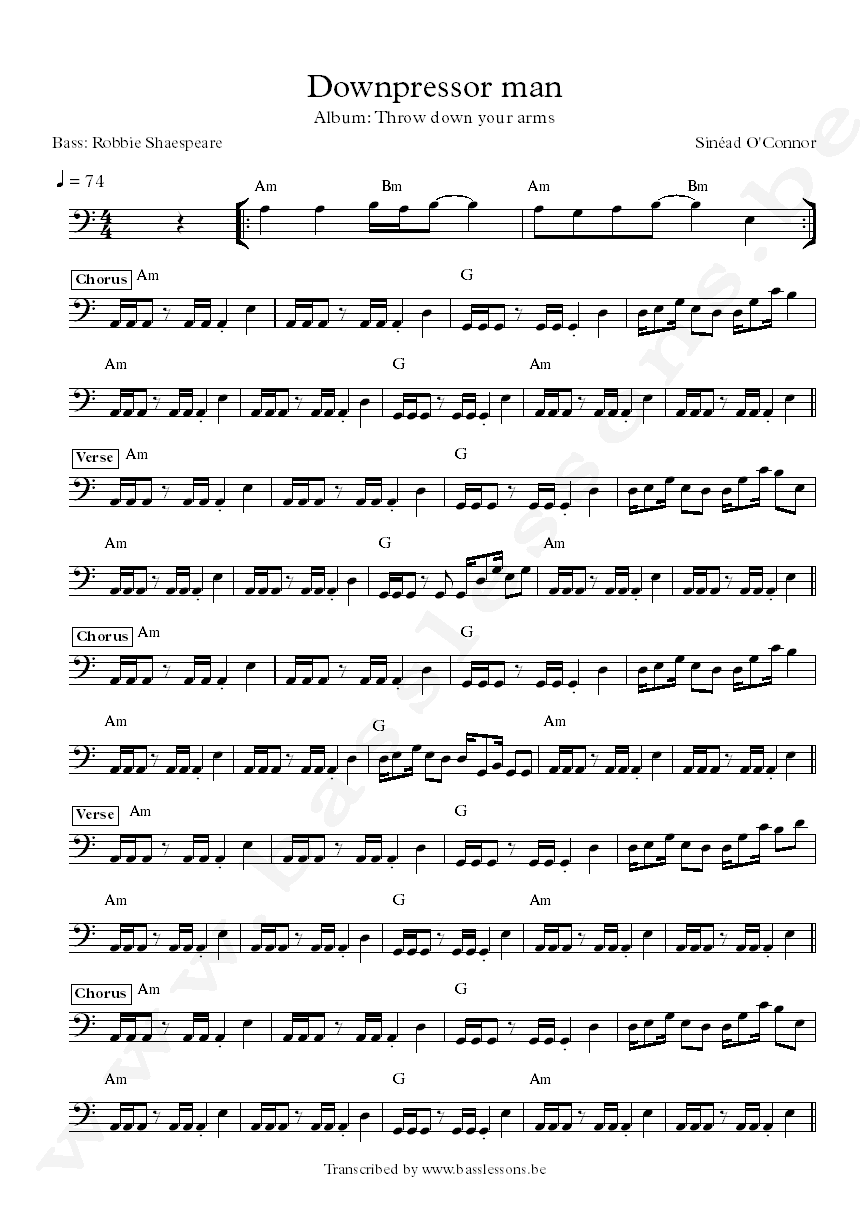 Sinead OConner Downpressor man Robbie Shakespeare bass transcription