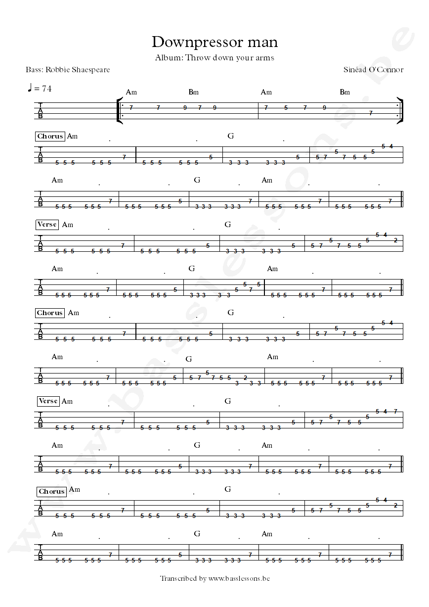 Sinead OConner Downpressor man Robbie Shakespeare bass tab