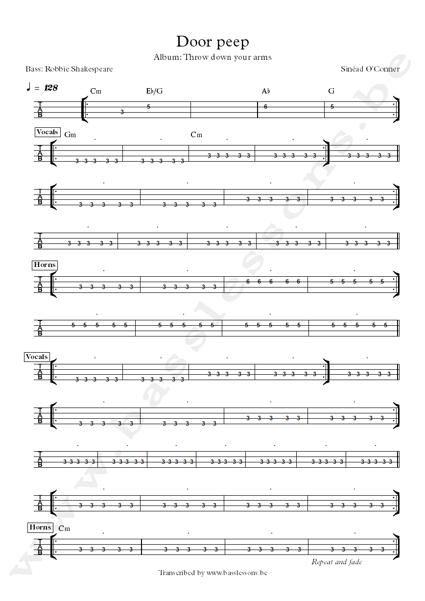 Sinead OConnor door peep robbie shespeare bass tab