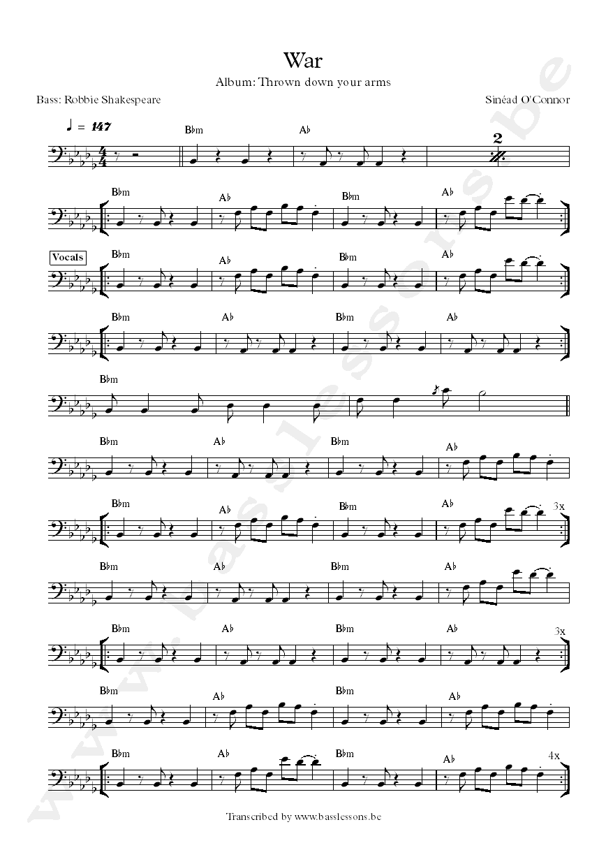 Sinead OConnor war Robbie Shakespeare bass transcription