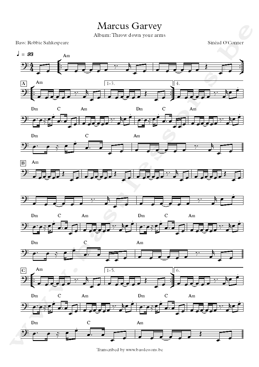 Marcus Garvey bass transcription Robbie Shakespeare