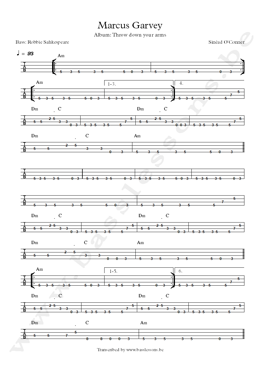 Marcus Garvey bass tab Robbie Shakespeare