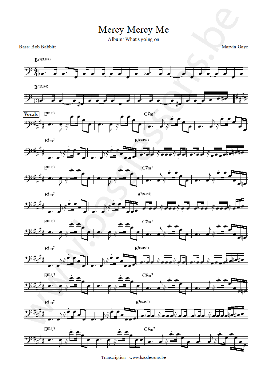 Marvin Gaye Mercy Mercy Me Bob Babbitt bass transcription