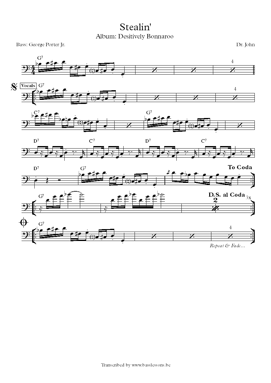 Dr John Stealin George Porter Jr. bass transcription