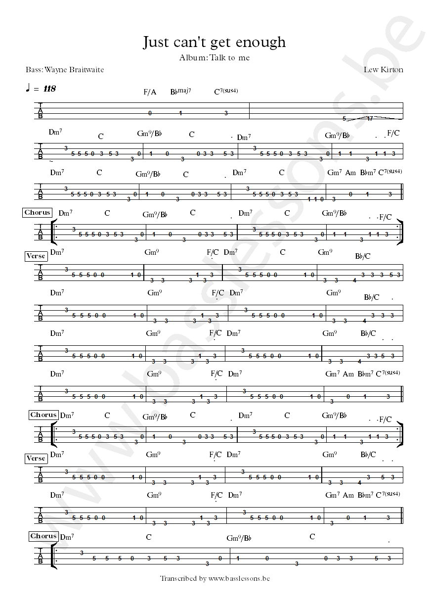 Lew Kirton Just cant get enough Wayne Braitwaite bass tab