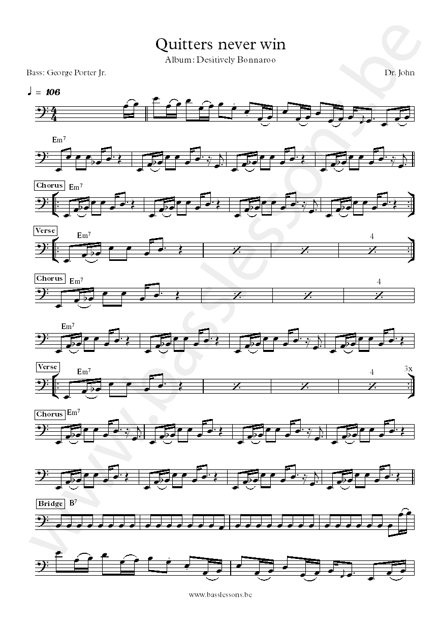Dr. John Quitters never win George Porter Jr. bass transcription