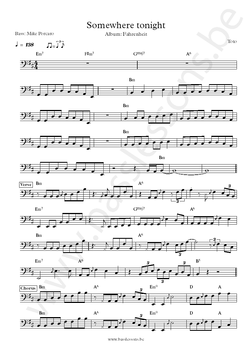 Toto Somewhere tonight Mike Porcaro  bass transcription