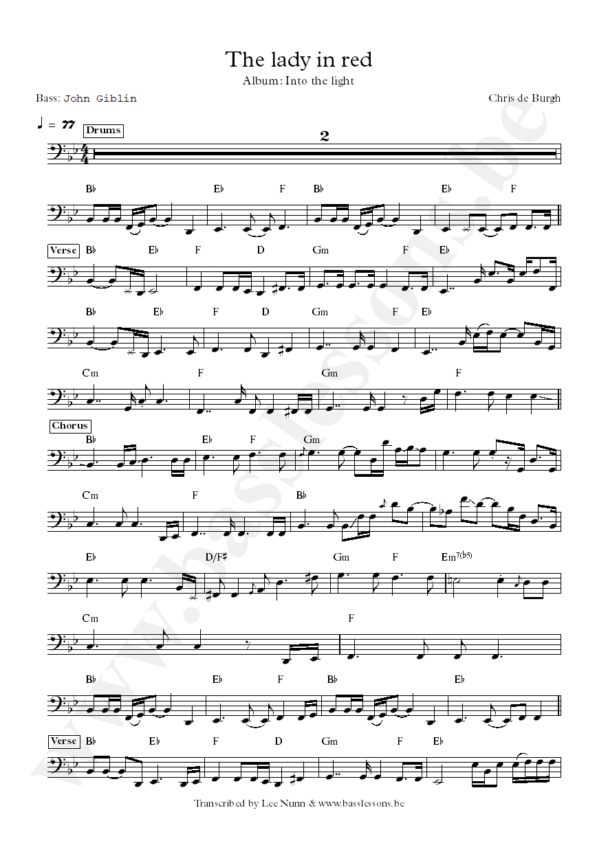 Chris de Burgh The Lady in Red John Giblin bass transcription