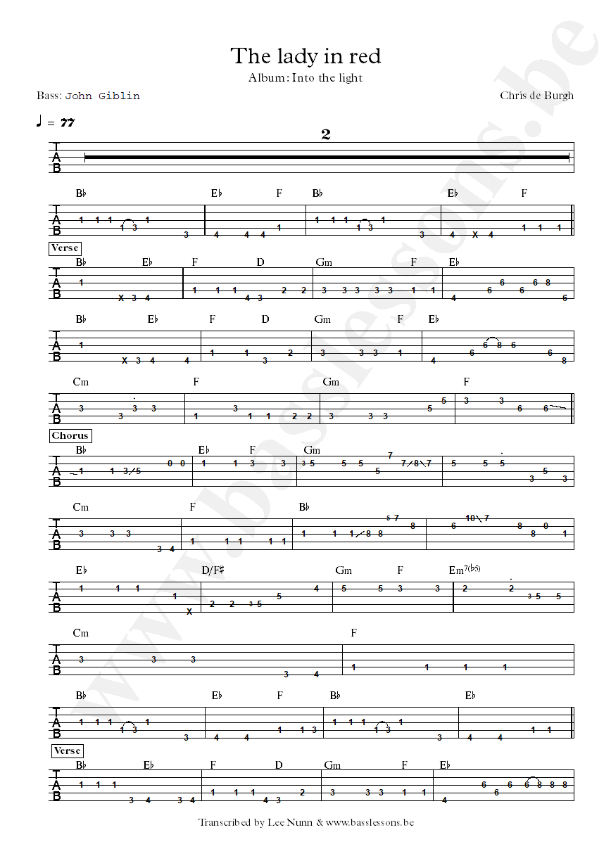 Chris de Burgh The Lady in Red John Giblin bass 5-string tab
