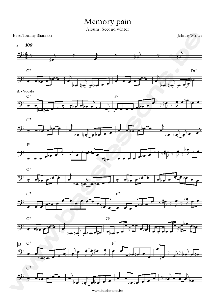 Johnny Winter Memory pain Tommy Shannon bass transcription