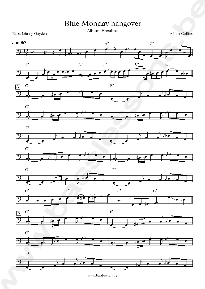 Allbert Collins Blue Monday hangover Johnny Gayden bass transcription