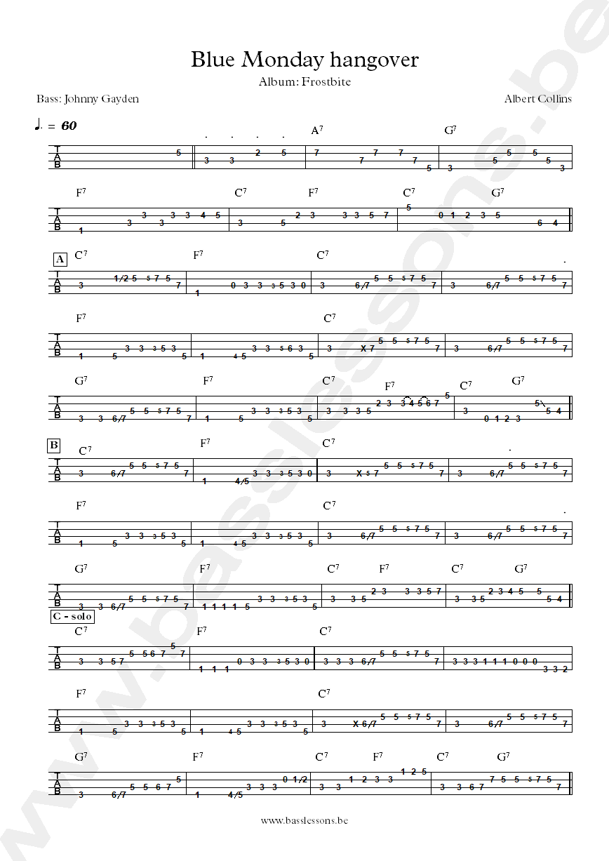 Allbert Collins Blue Monday hangover Johnny Gayden bass tab