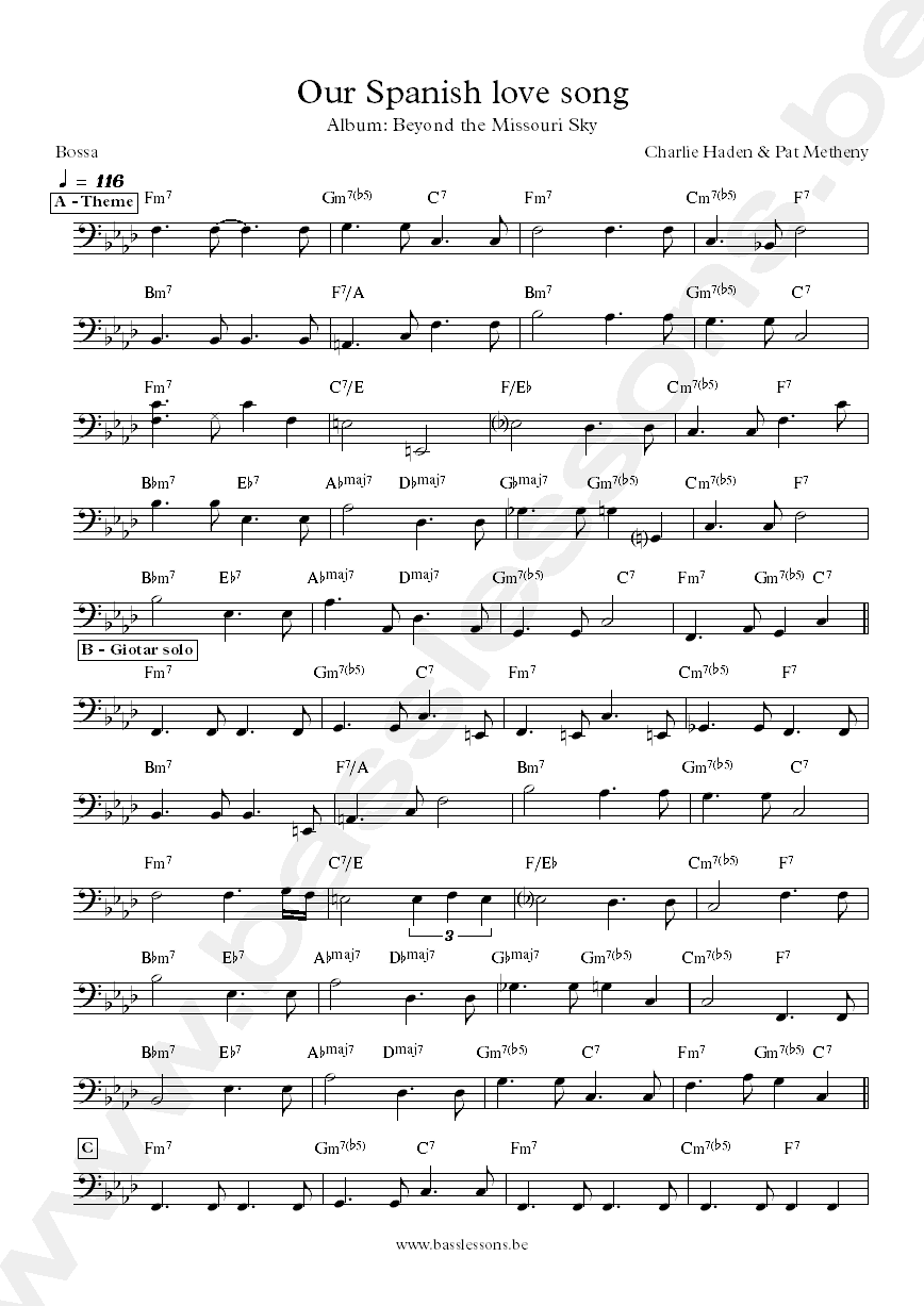 Charlie Haden and Pat Metheny Our Spanish love song bass transcription