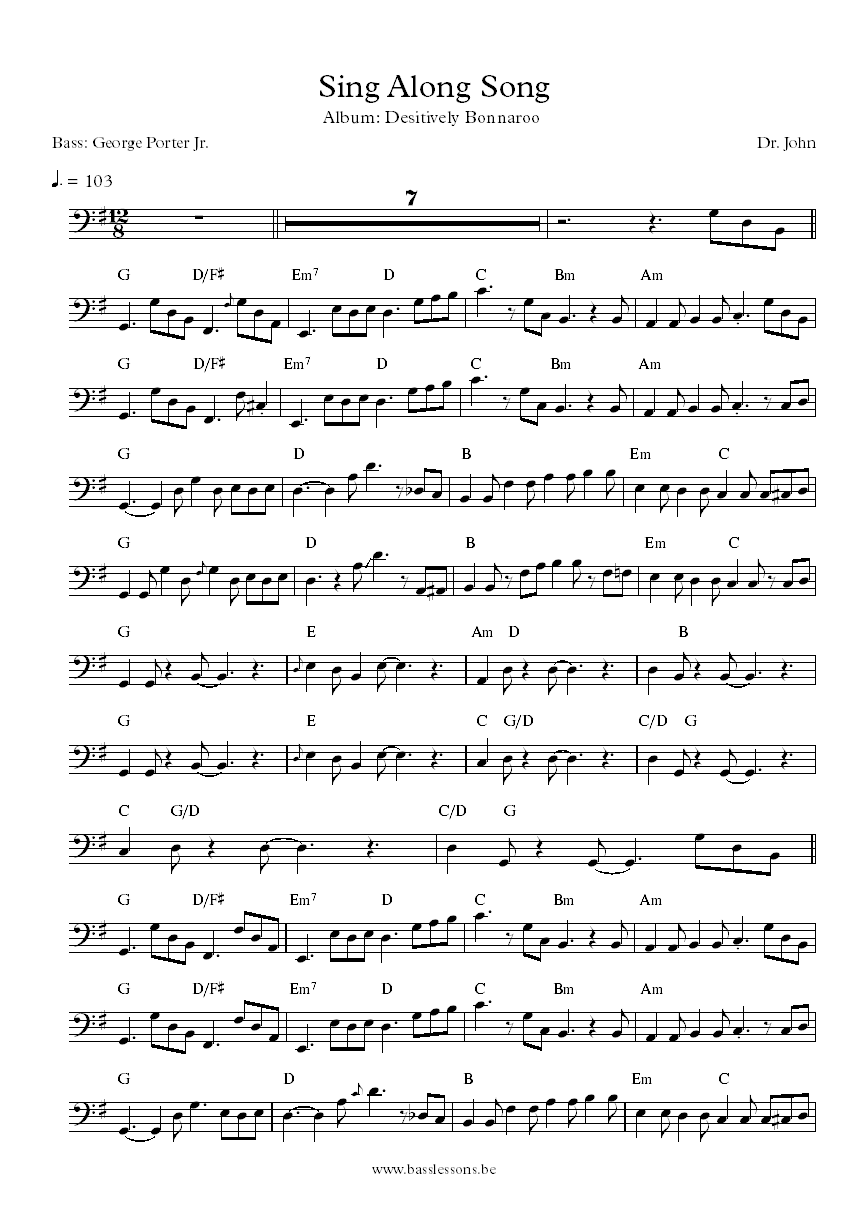 Dr. John Sing Along Song George Porter Jr. bass transcription