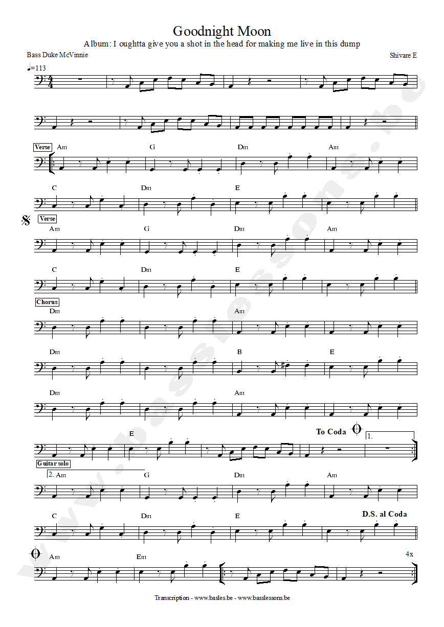 Shivaree - Goodnight Moon bass transcrition