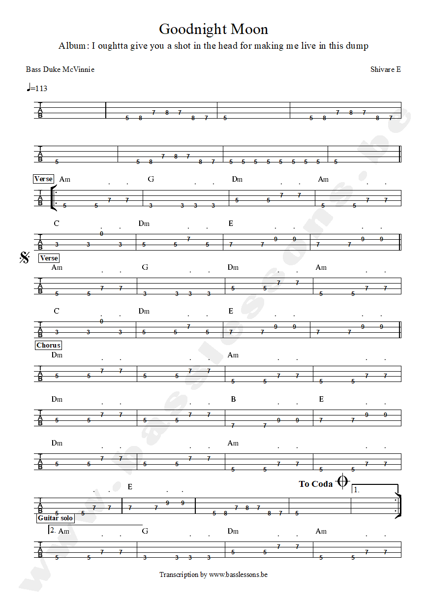 Shivaree - Goodnight Moon bass tab