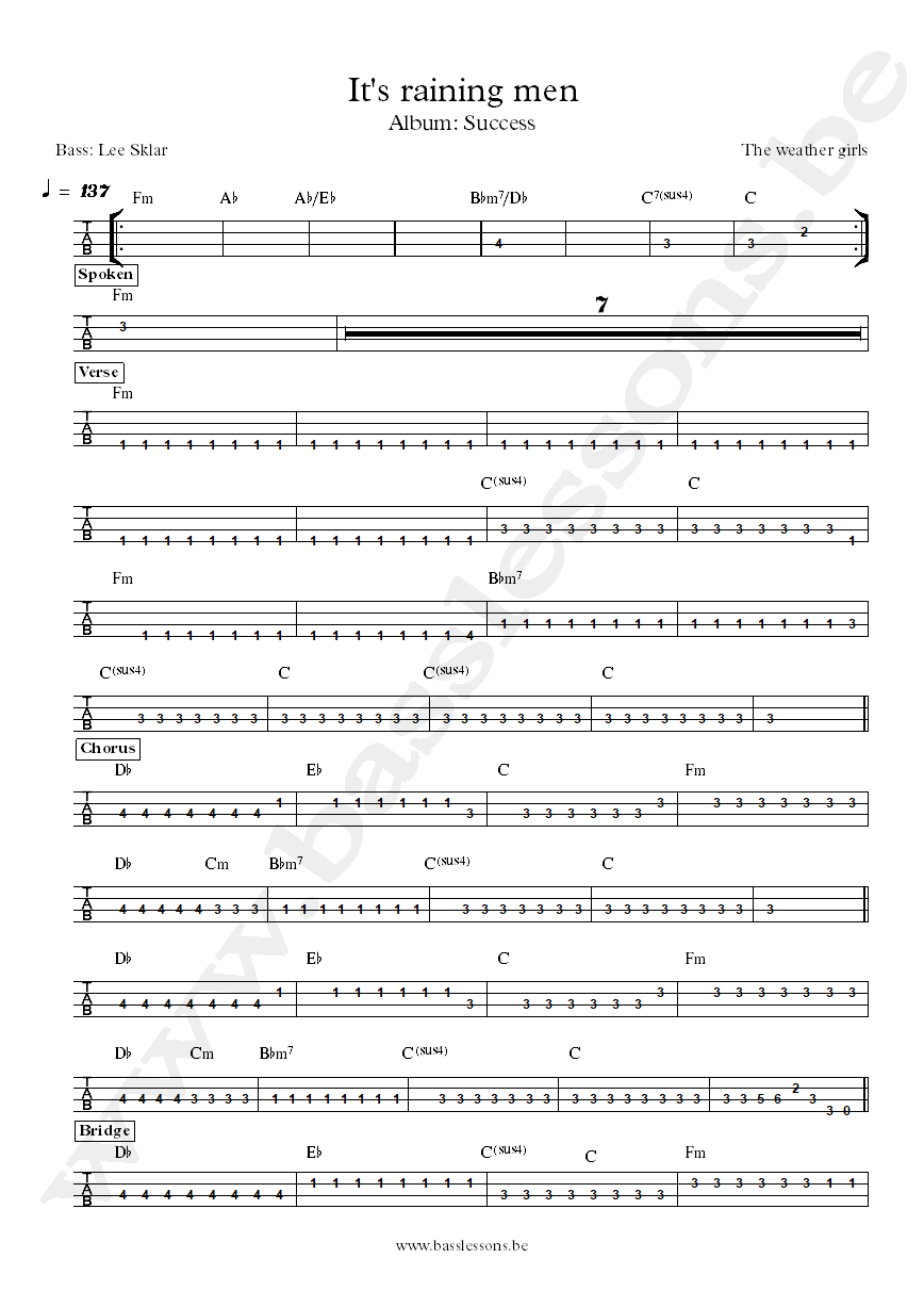 The weather girls It's raining men Lee Sklar bass tab