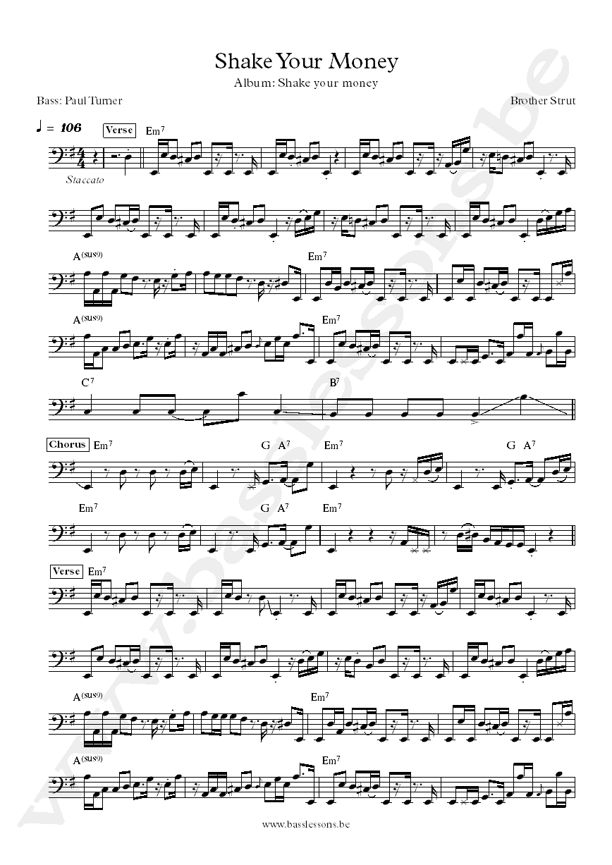 Brother Strut Shake your money Paul Turner bass transcription