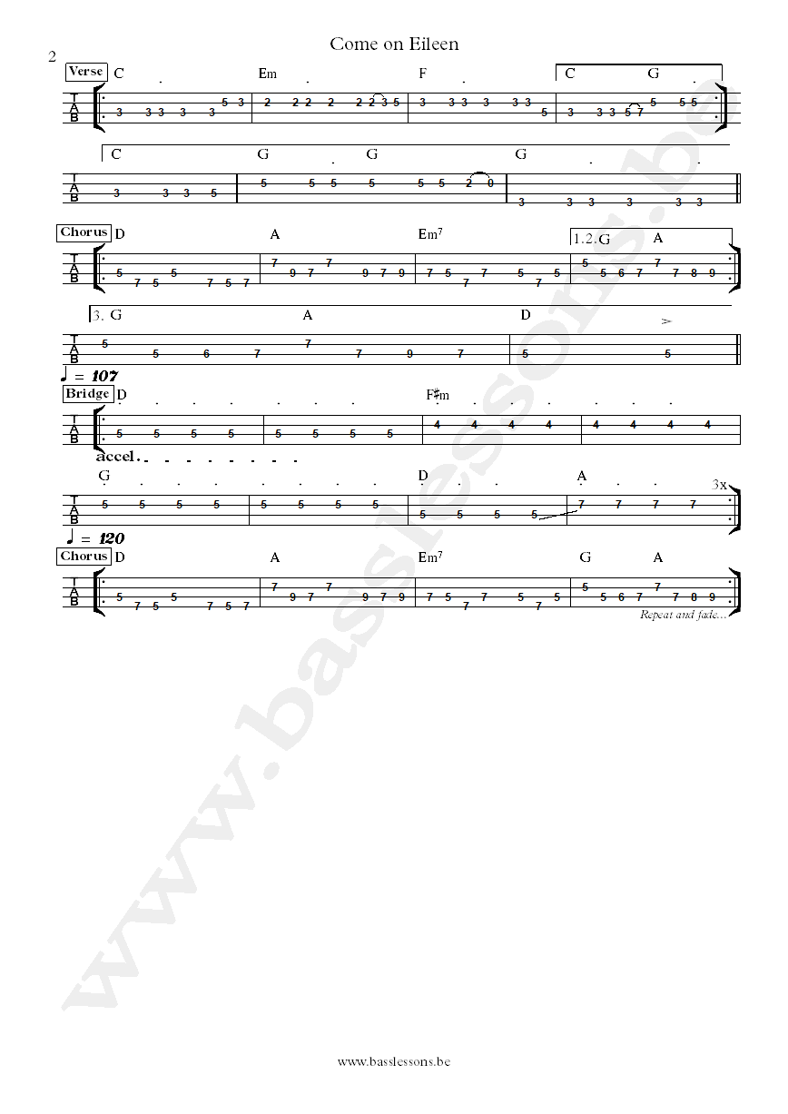 Dexys Midnight Runners Come on Eileen Giorgio Kilkenny bass tab part 2