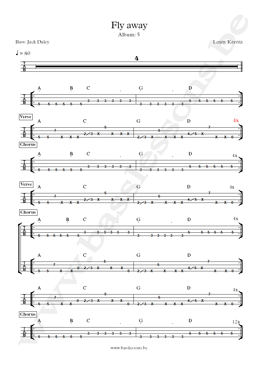 Lenny Kravitz Fly away bass tab