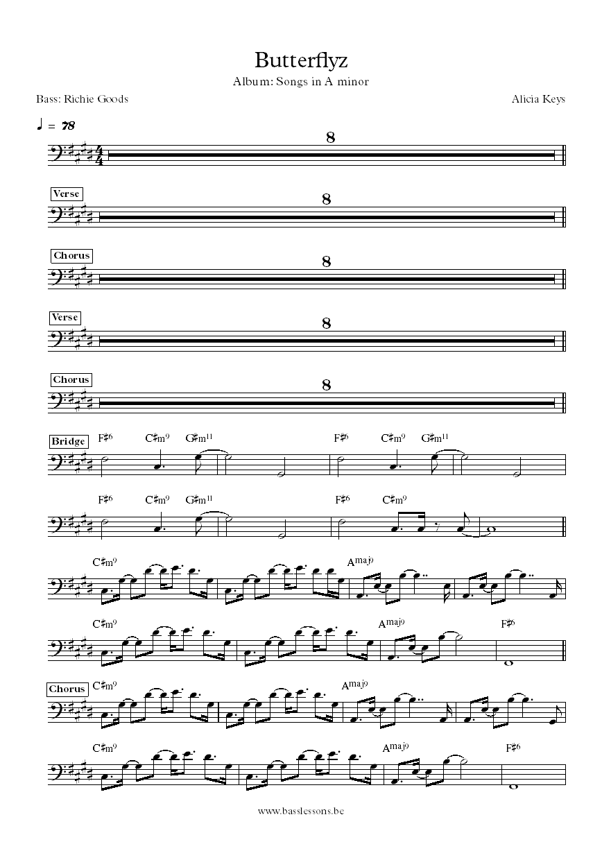 Alicia Keys Butterflyz Richie Goods bass transcription