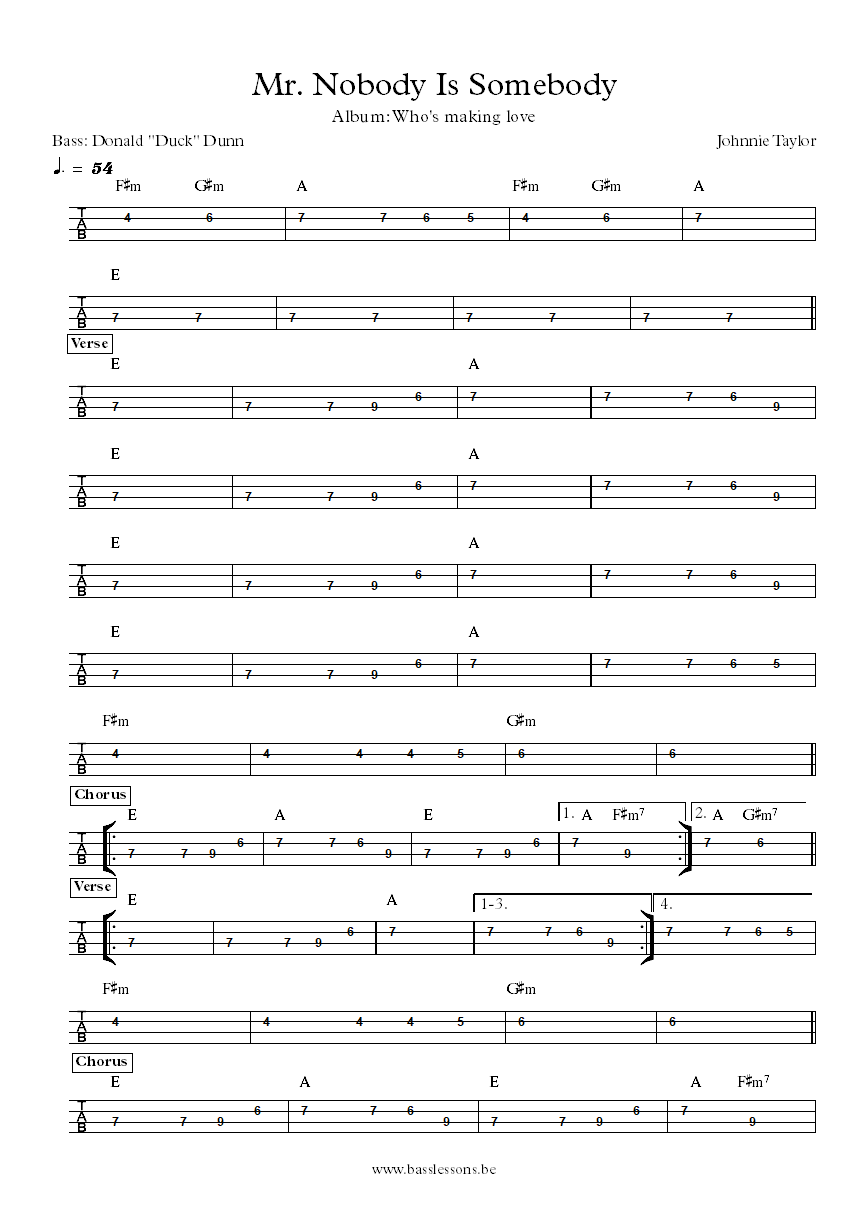 Johnnie Taylor Mr. Nobody Is Somebody Donald Duck Dunn bass tab