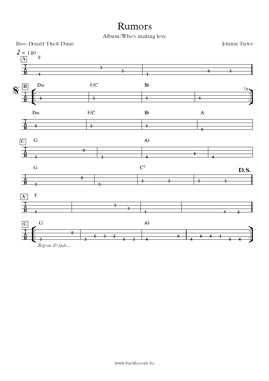 Johnnie Taylor Rumors Donald Duck Dunn bass tab