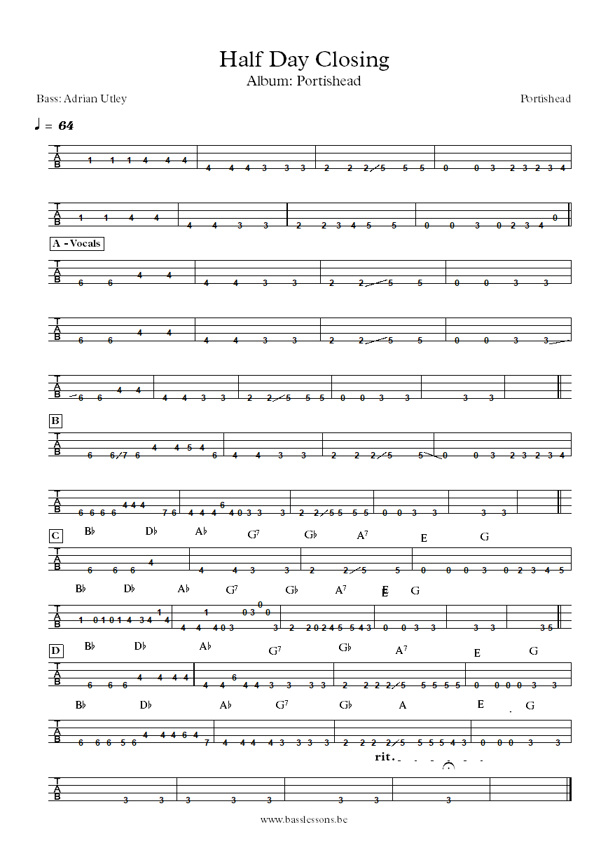 Portishead Half Day Closing bass tab