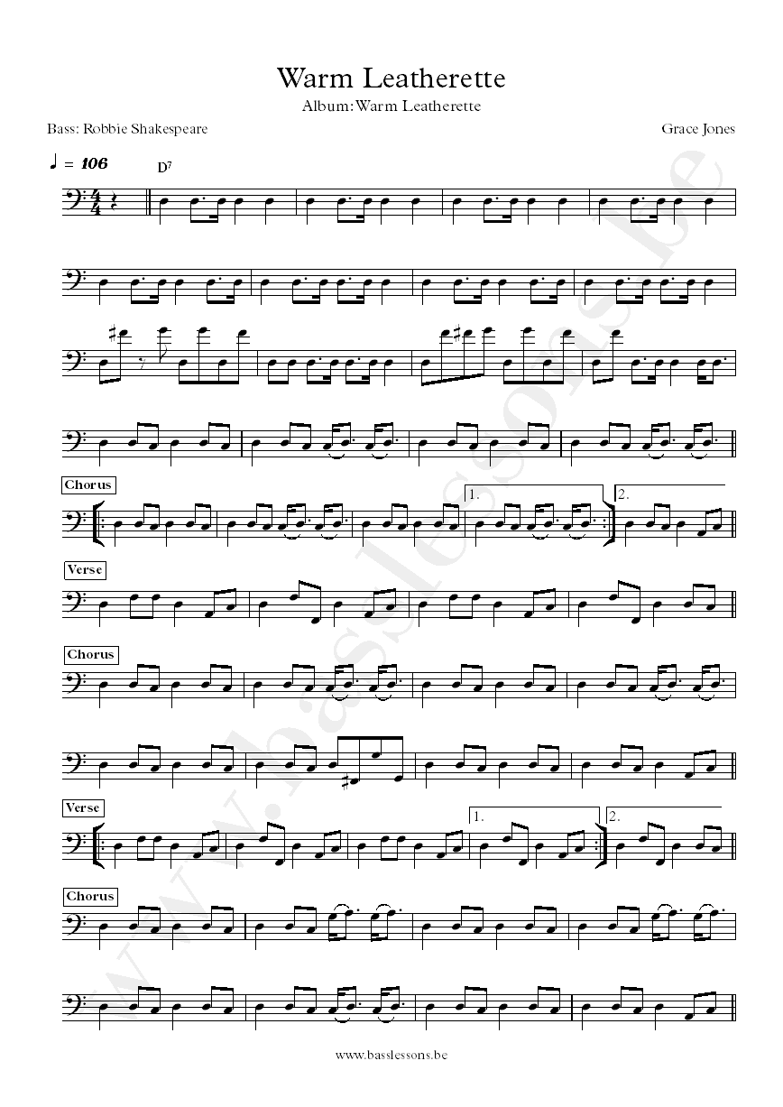 Grace Jones Warm Leatherette Robbie Shakespeare bass trascription