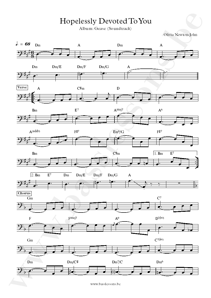 Olivia Newton-John Hopelessly Devoted To You bass transcription