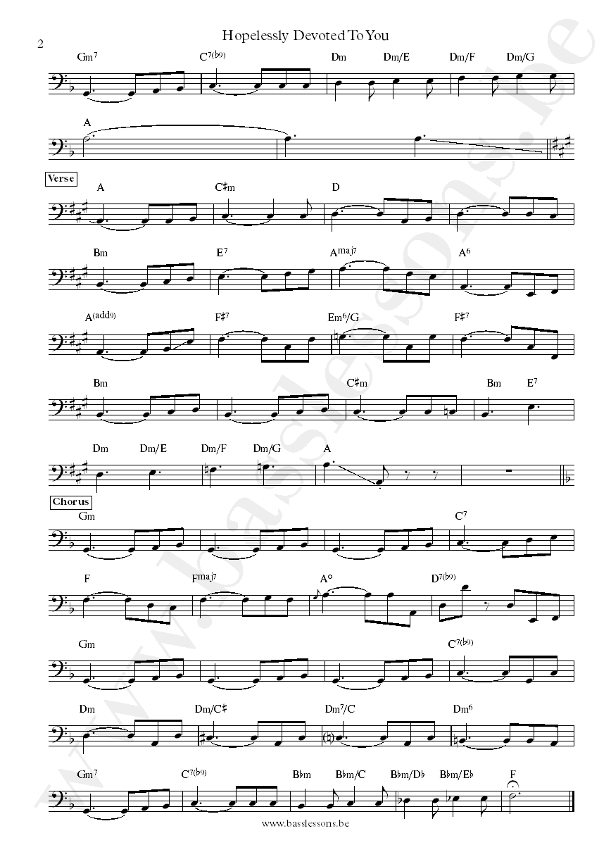 Olivia Newton-John Hopelessly Devoted To You bass transcription part 2