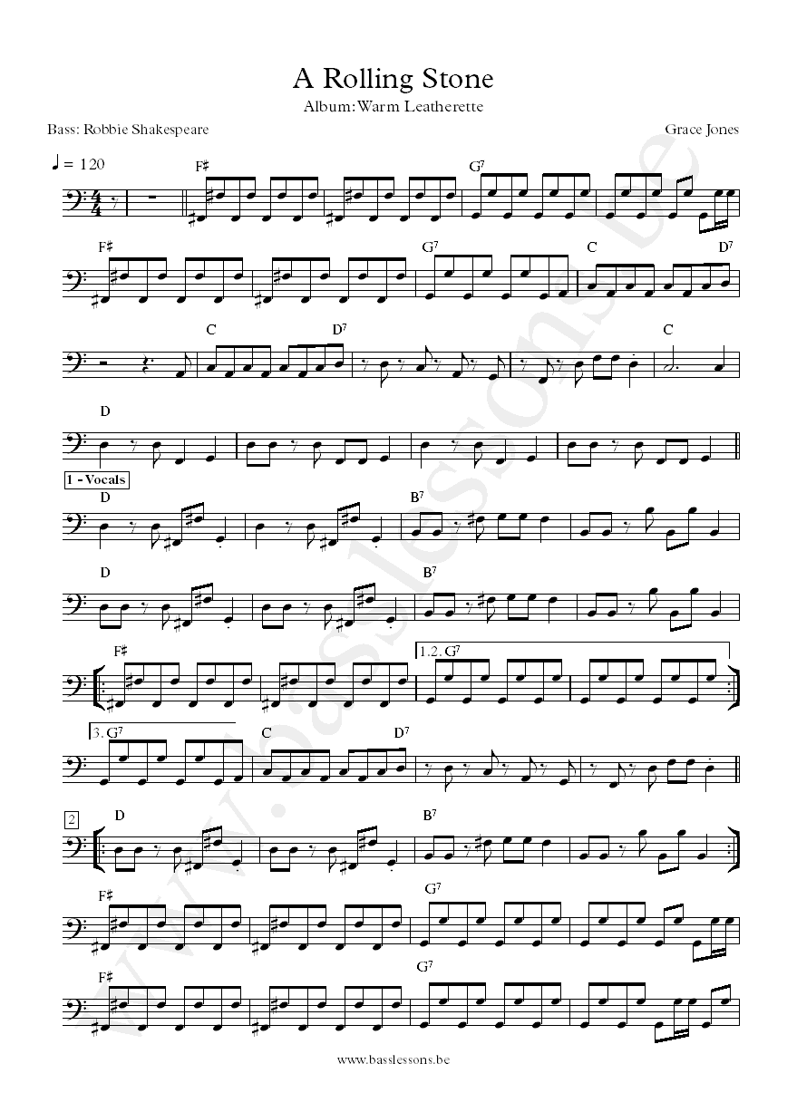 Grace Jones A Rolling Stone Robbie Shakespeare bass transcription