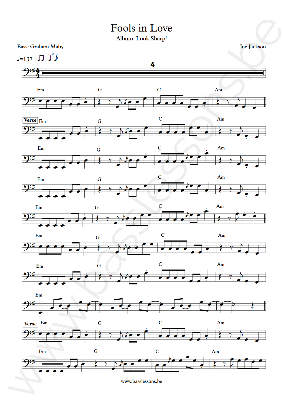 Joe Jackson Fools in Love Graham Maby bass transcription