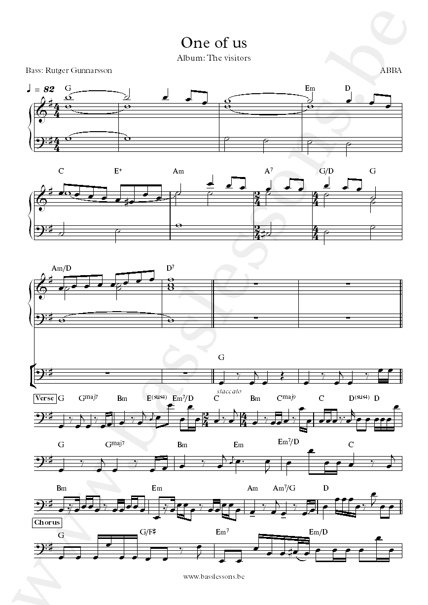 ABBA One of us Rutger Gunnarsson bass transcription