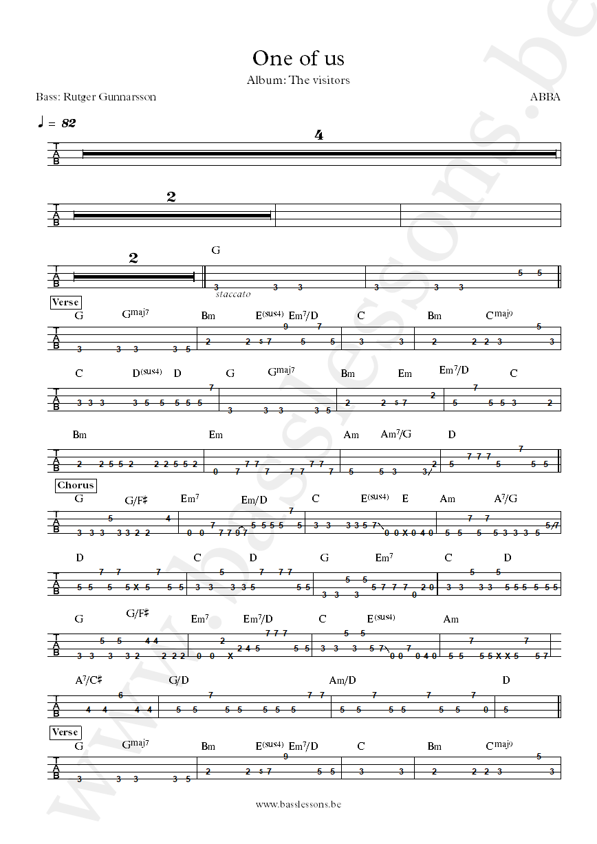 ABBA One of us Rutger Gunnarsson bass tab