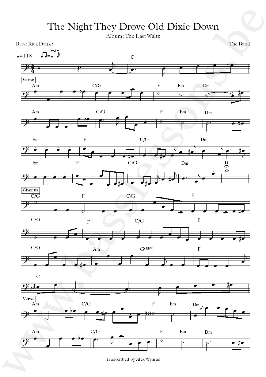 The Band The Night They Drove Old Dixie Down Rick Danko bass transcription
