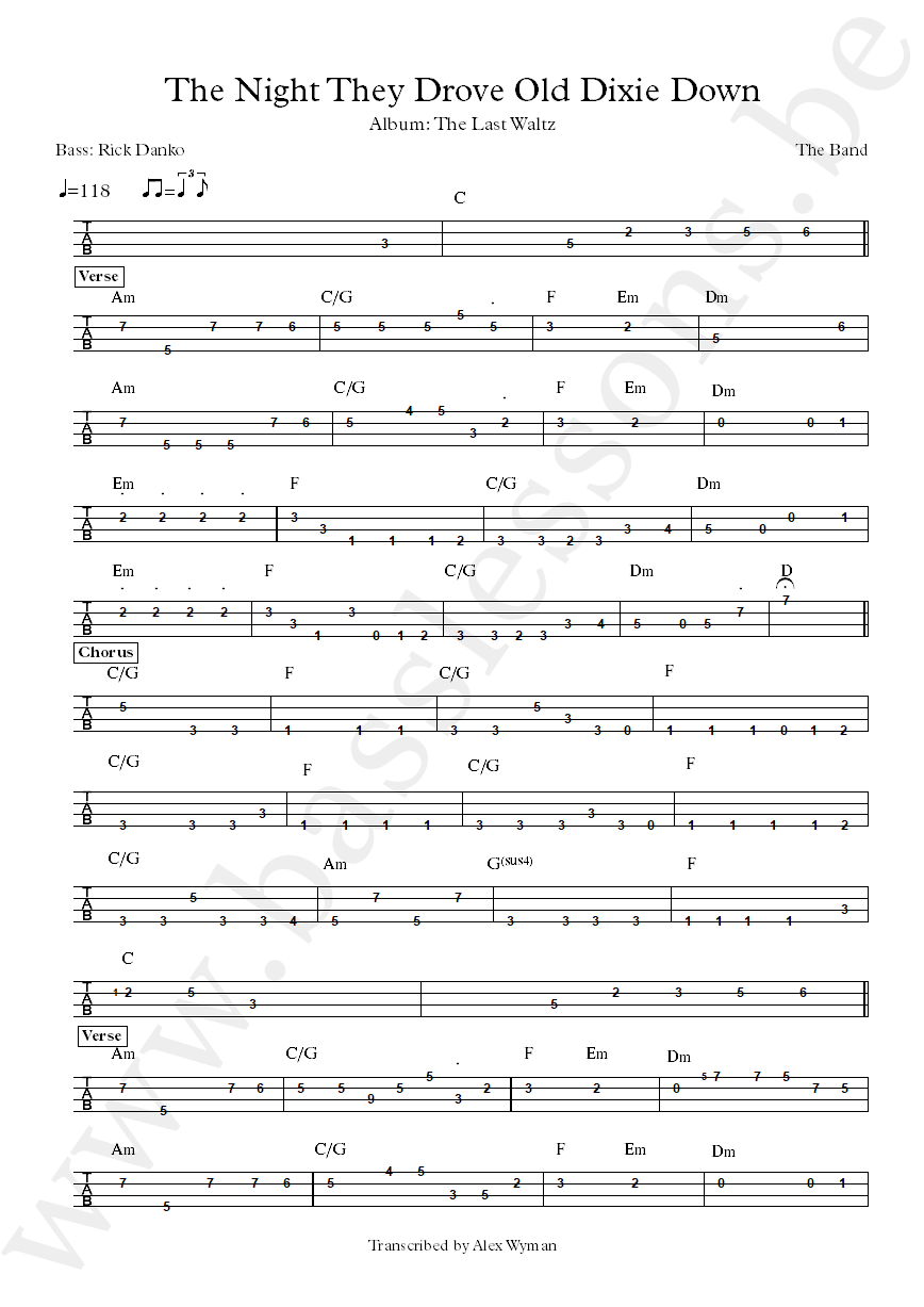 The Band The Night They Drove Old Dixie Down Rick Danko bass tab