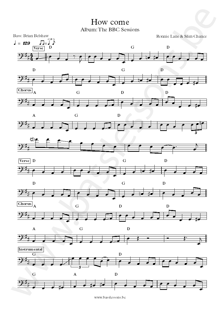 Ronnie Lane how come bass transcription